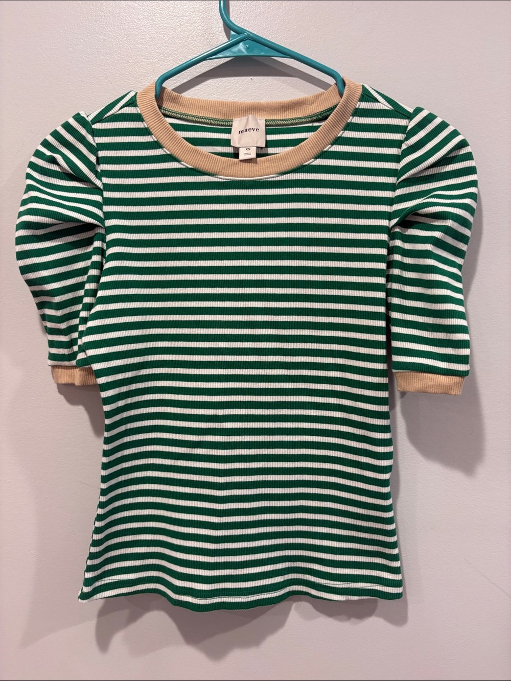 Maeve Green & White Striped Puff Sleeve Kids Top ptp17-18 length 18